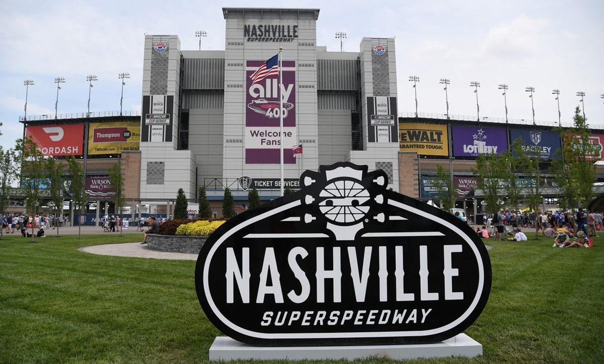 Jun 26, 2022; Nashville, Tennessee, USA; View of the Nashville Superspeedway logo outside the main entrance before the Ally 400 at Nashville Superspeedway. Mandatory Credit: Christopher Hanewinckel-Imagn Images