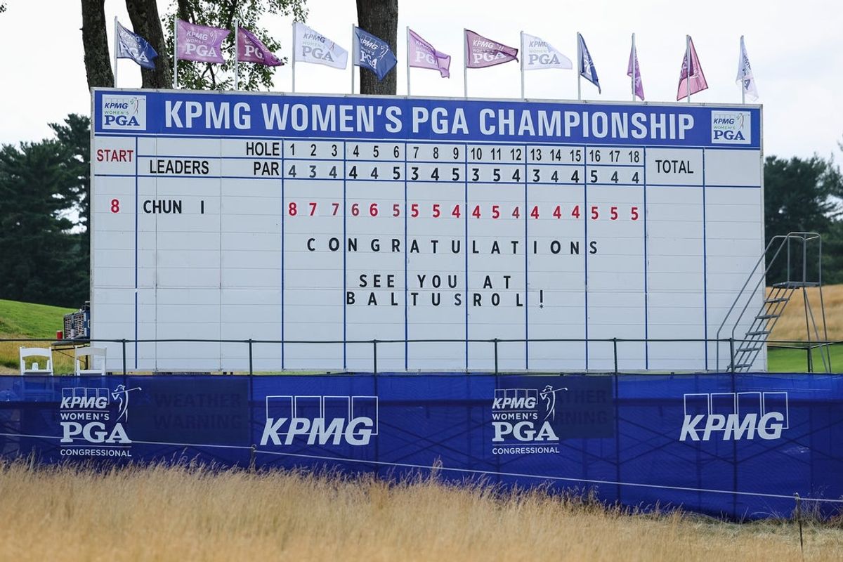 Jun 26, 2022; Bethesda, Maryland, USA; A view of the scoreboard on the on the 18th hole after In Gee Chun wins the KPMG Women's PGA Championship golf tournament at Congressional Country Club. Mandatory Credit: Scott Taetsch-Imagn Images