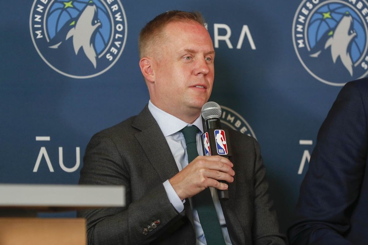 Jun 28, 2022; Minneapolis, MN, USA; Minnesota Timberwolves president of basketball operations Tim Connelly answers questions at a press conference to introduce the 2022 draft picks at Target Center. Mandatory Credit: Bruce Kluckhohn-Imagn Images