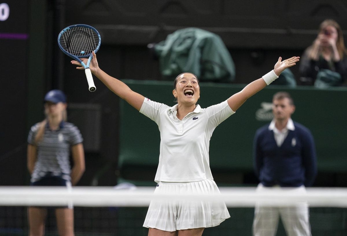 Jun 28, 2022; London, United Kingdom; Harmony Tan (FRA) celebrates winning her first round match against Serena Williams (USA) on day two at All England Lawn Tennis and Croquet Club. Mandatory Credit: Susan Mullane-Imagn Images