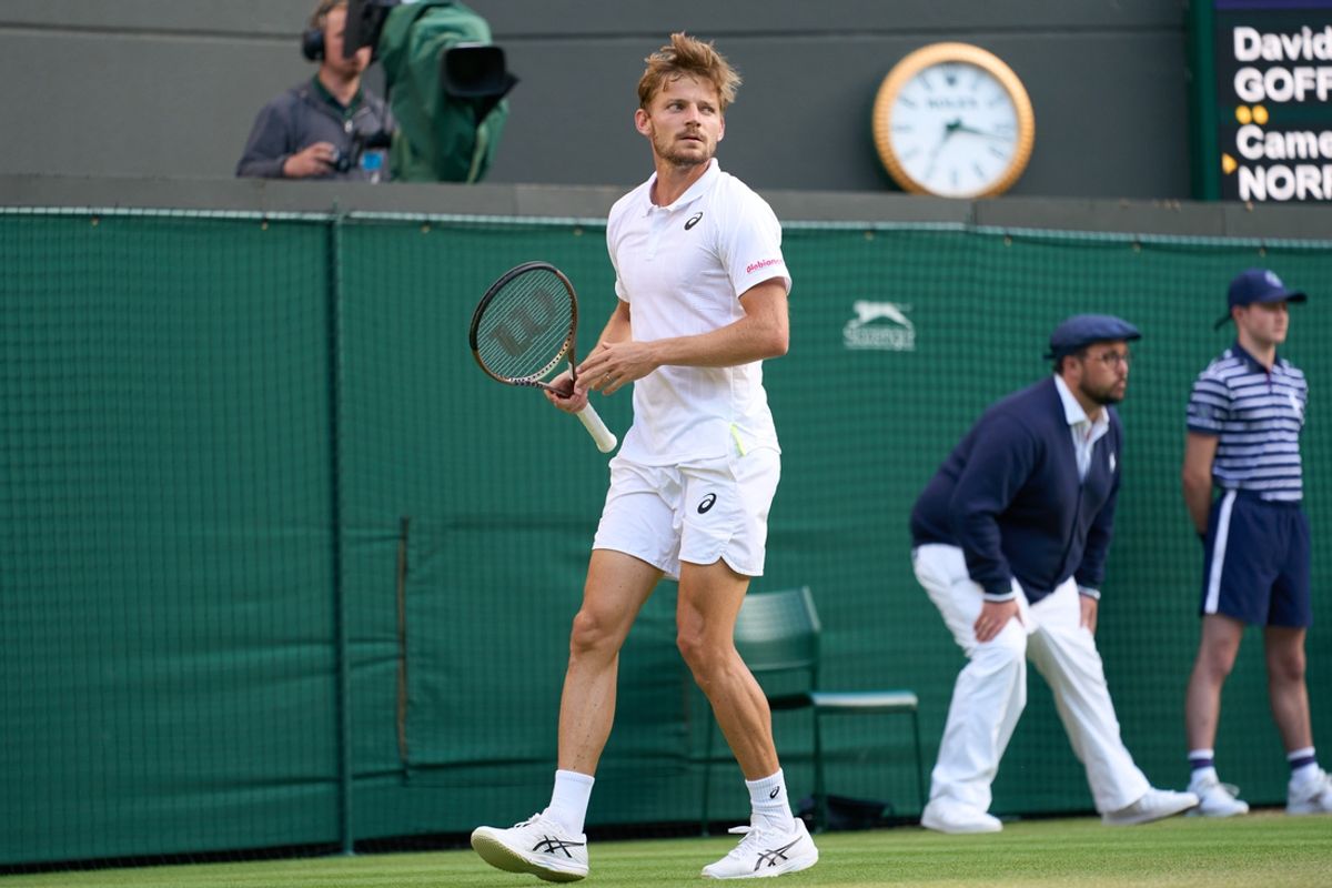 Jul 5, 2022; London, England, United Kingdom; David Goffin (BEL) looks to the umpire during a quarterfinals mens singles match against Cameron Norrie (GBR) on Number one court at the 2022 Wimbledon Championships at All England Lawn Tennis and Croquet Club. Mandatory Credit: Peter van den Berg-Imagn Images
