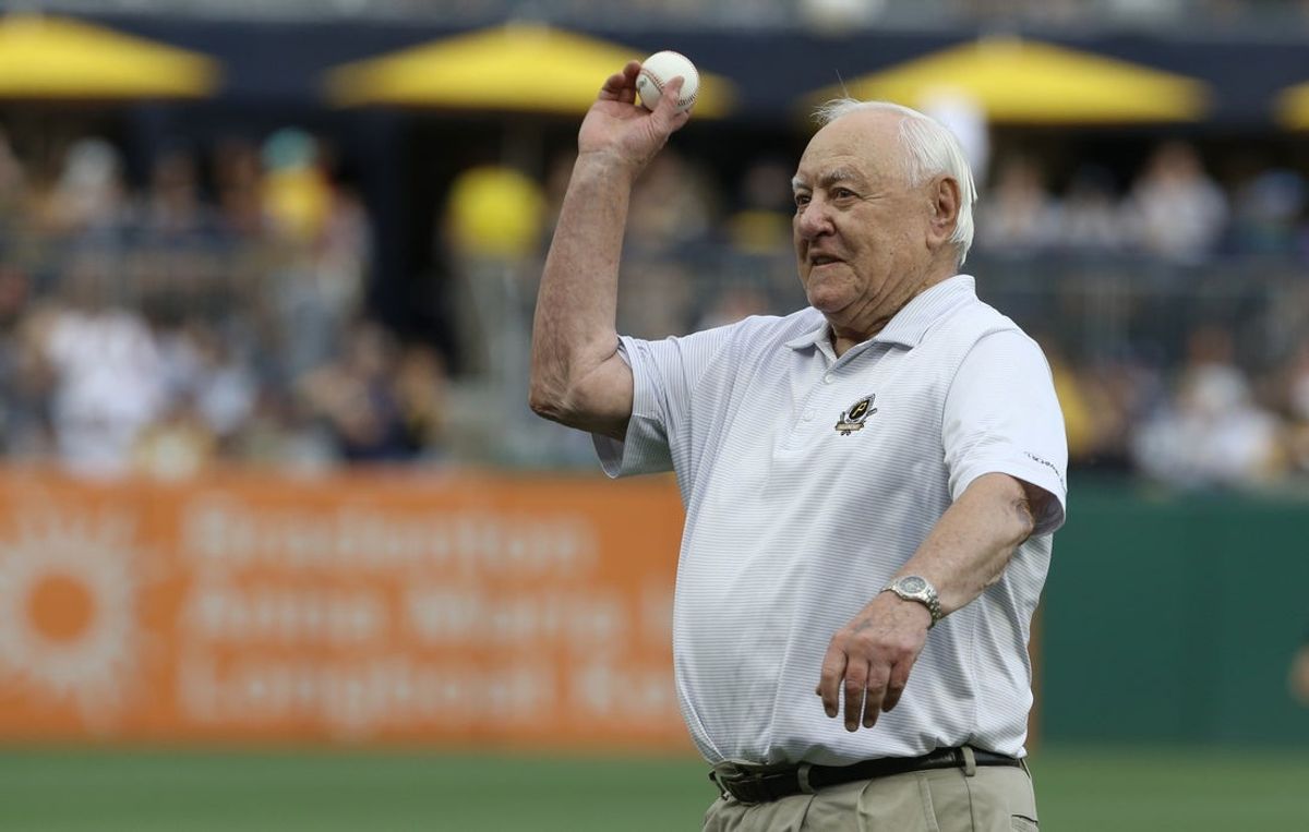 Jul 5, 2022; Pittsburgh, Pennsylvania, USA;  Pittsburgh Pirates former second baseman and Baseball Hall of Fame member Bill Mazeroski throws out a ceremonial first pitch before the Pirates host the New York Yankees at PNC Park. Mandatory Credit: Charles LeClaire-Imagn Images