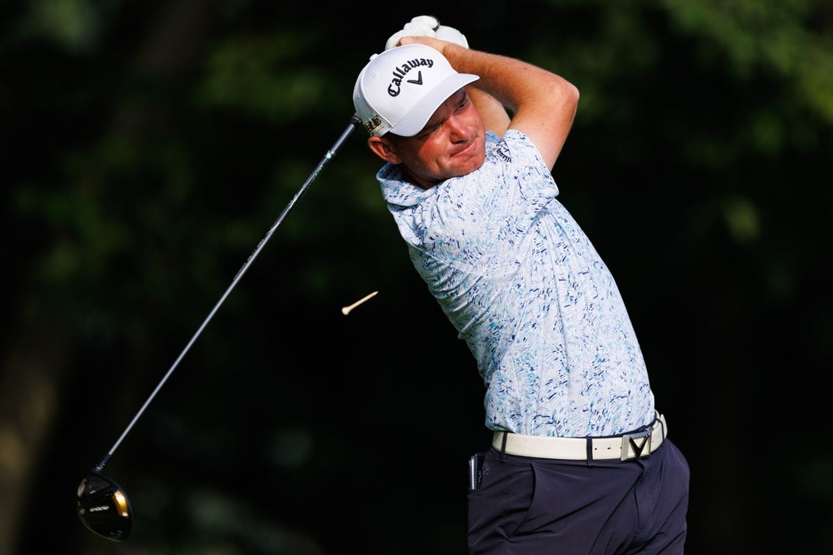 Jul 7, 2022; Nicholasville, Kentucky, USA; Dale Whitnell plays his shot from the third tee during the first round of the Barbasol Championship golf tournament. Mandatory Credit: Jordan Prather-Imagn Images