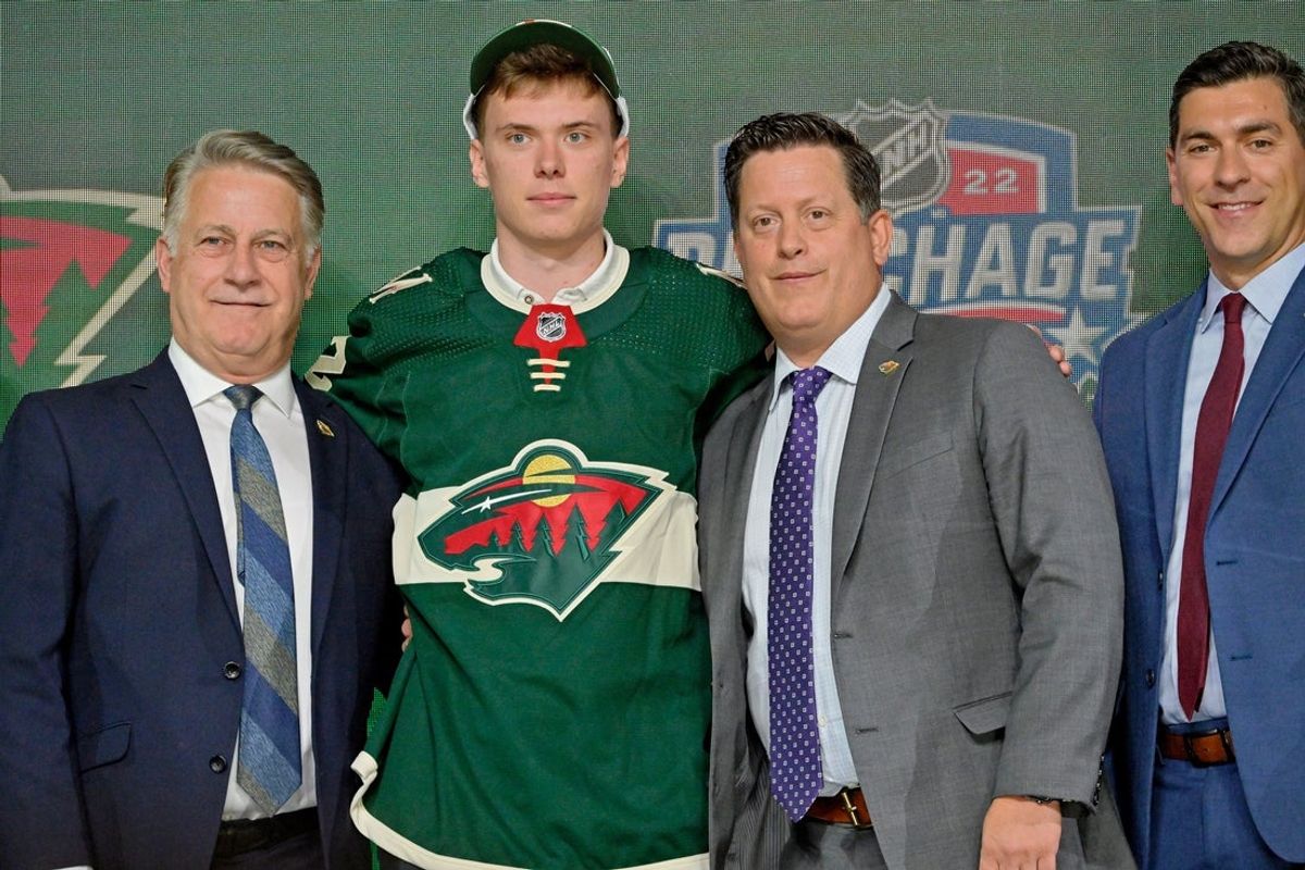 Jul 7, 2022; Montreal, Quebec, CANADA; Danila Yurov after being selected as the number twenty-four overall pick to the Minnesota Wild in the first round of the 2022 NHL Draft at Bell Centre. Mandatory Credit: Eric Bolte-Imagn Images