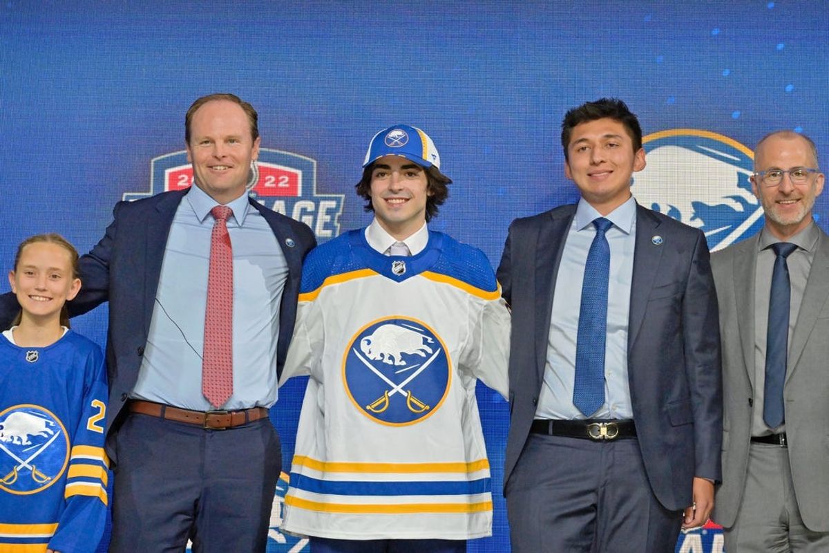 Jul 7, 2022; Montreal, Quebec, CANADA; Matthew Savoie after being selected as the number nine overall pick to the Buffalo Sabres in the first round of the 2022 NHL Draft at Bell Centre. Mandatory Credit: Eric Bolte-USA TODAY Sports