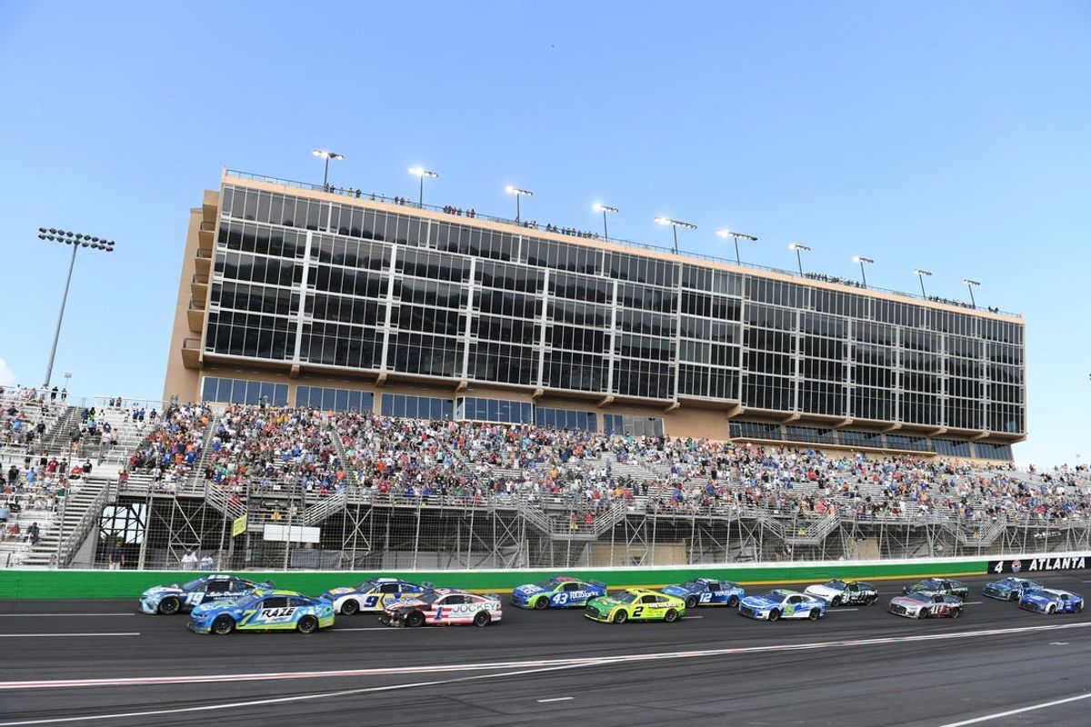 Jul 10, 2022; Hampton, Georgia, USA; General view of turn 4 during the Quaker State 400 at Atlanta Motor Speedway. Mandatory Credit: Adam Hagy-Imagn Images