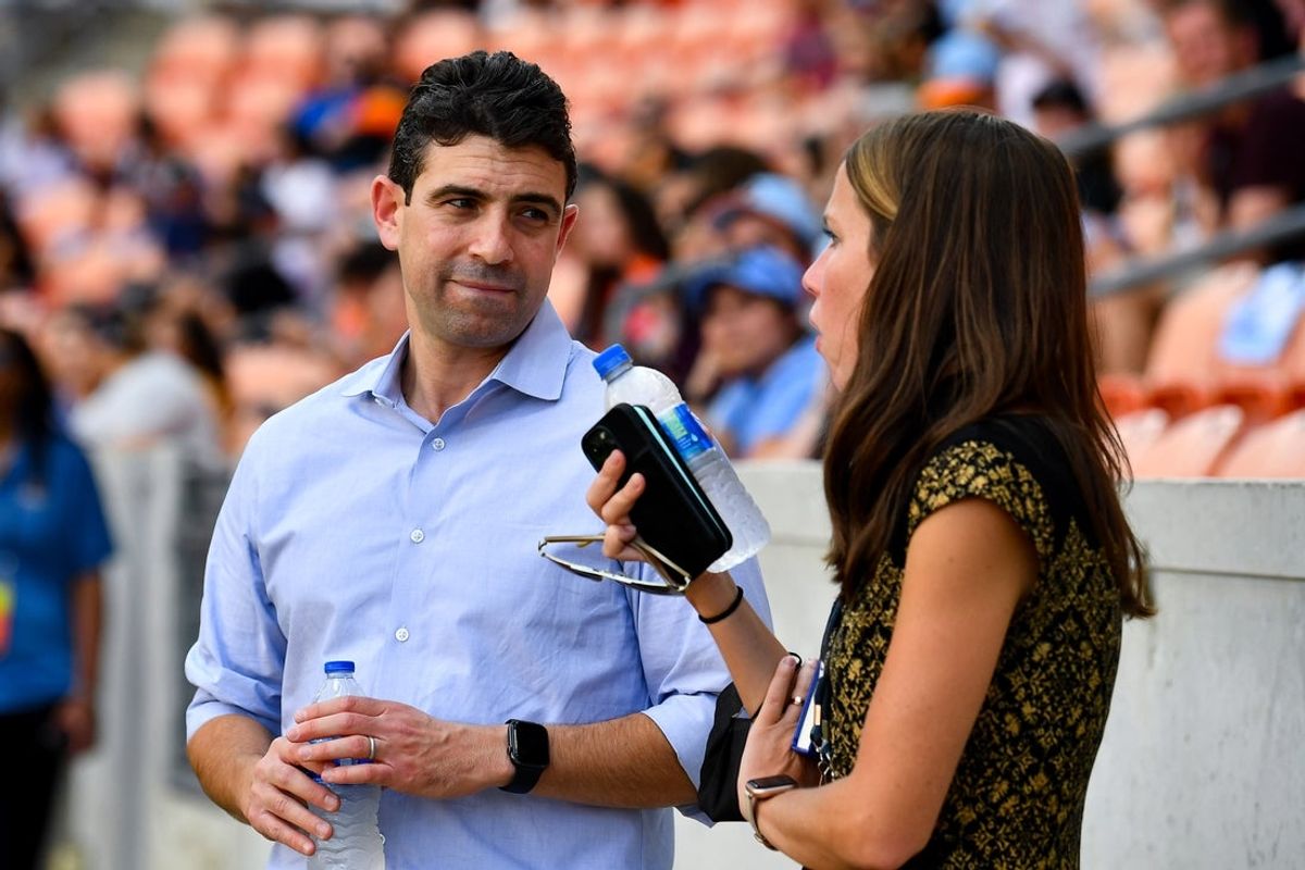 Jul 1, 2022; Houston, Texas, USA;  Houston Dynamo majority owner Ted Segal speaks with Houston Dash president Jessica O'Neill prior to the match between the Houston Dash and the Kansas City Current in a NWSL match at PNC Stadium. Mandatory Credit: Maria Lysaker-Imagn Images