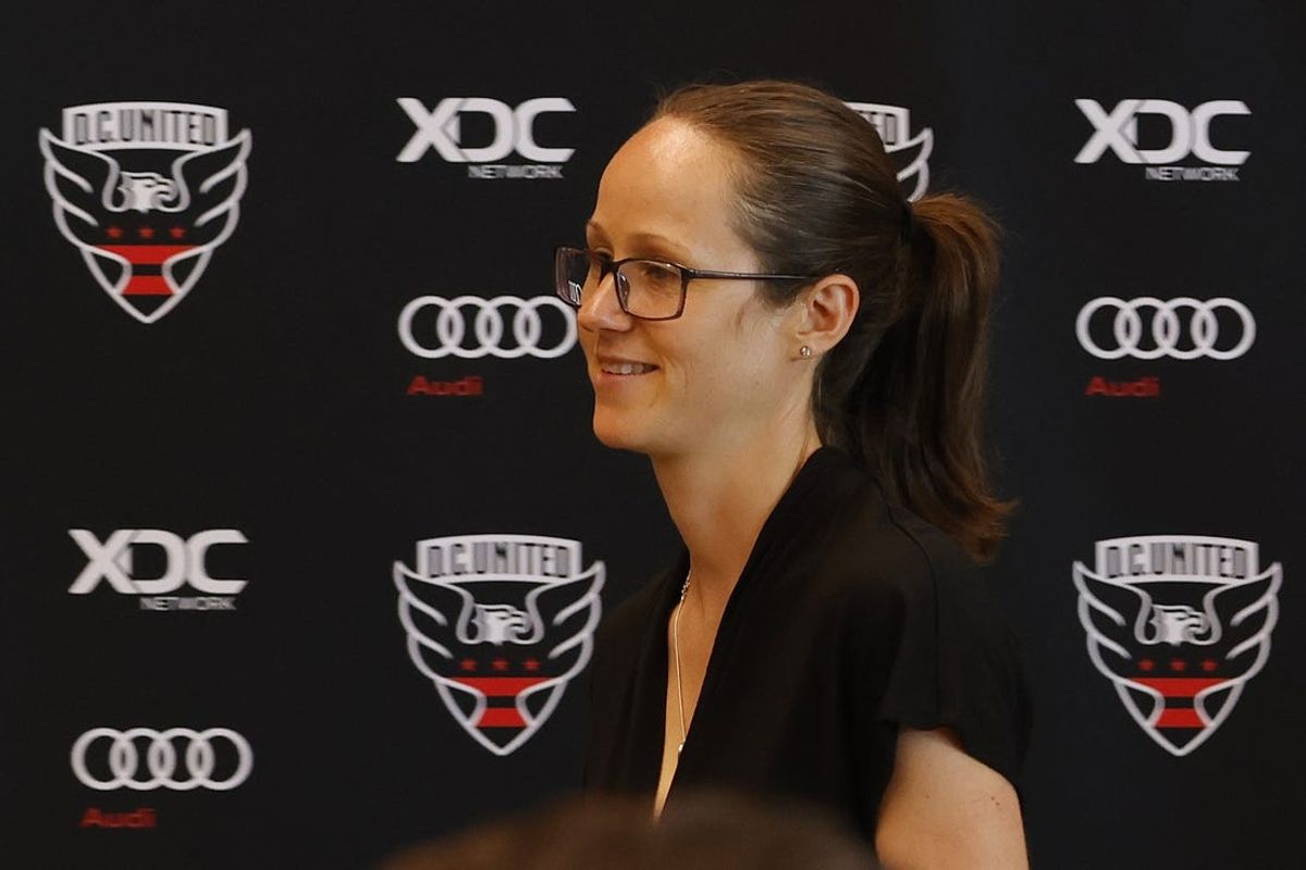 Jul 12, 2022; Washington, DC, USA; D.C. United general manager Lucy Rushton walks to the stage for an introductory press conference for D.C. United new head coach Wayne Rooney (not pictured) at Audi Field. Mandatory Credit: Geoff Burke-USA TODAY Sports