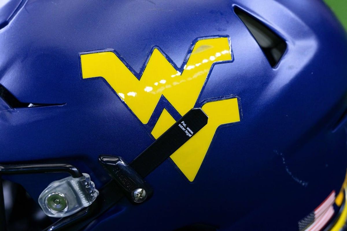 Jul 14, 2022; Arlington, TX, USA; A view of the West Virginia Mountaineers helmet logo during the Big 12 Media Day at AT&T Stadium. Mandatory Credit: Jerome Miron-USA TODAY Sports