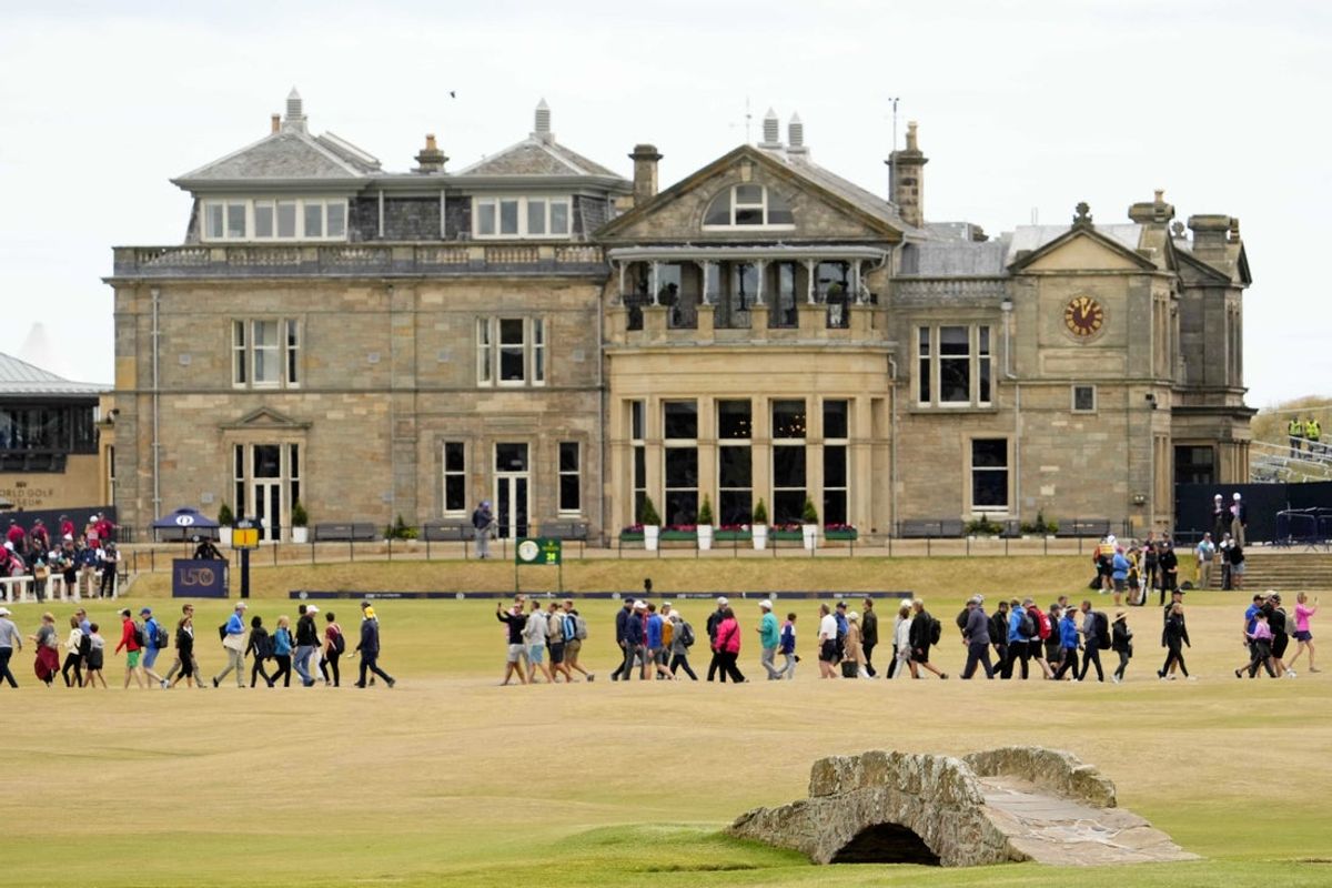 Jul 14, 2022; St. Andrews, SCT; A general view of the 18th fairway during the first round of the 150th Open Championship golf tournament at St. Andrews Old Course. Mandatory Credit: Rob Schumacher-Imagn Images