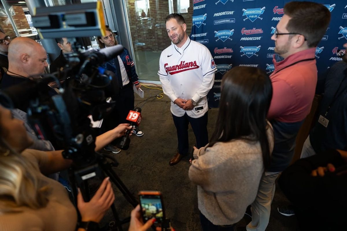 Nov 10, 2023; Cleveland, OH, USA;  Cleveland Guardians manager Stephen Vogt talks to the media during an introductory press conference at Progressive Field.