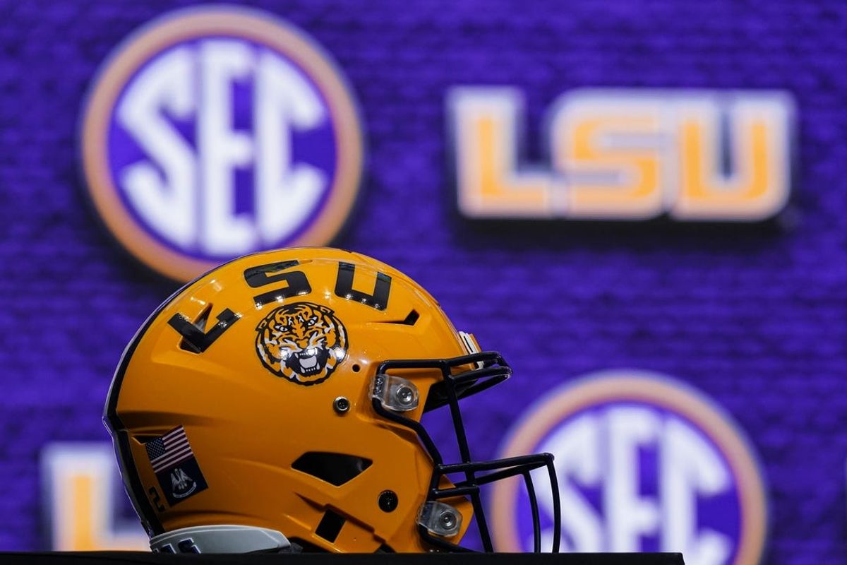 Jul 18, 2022; Atlanta, GA, USA; LSU Tigers helmet on the stage during SEC Media Days at the College Football Hall of Fame. Mandatory Credit: Dale Zanine-USA TODAY Sports
