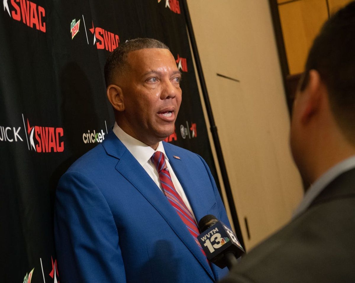 July 21, 2022; Birmingham, AL, USA; SWAC Commissioner Charles McClelland is interviewed during the Southwestern Athletic Conference Media Day at the Sheraton Birmingham. Gary Cosby Jr.-The Tuscaloosa News

Swac Media Day