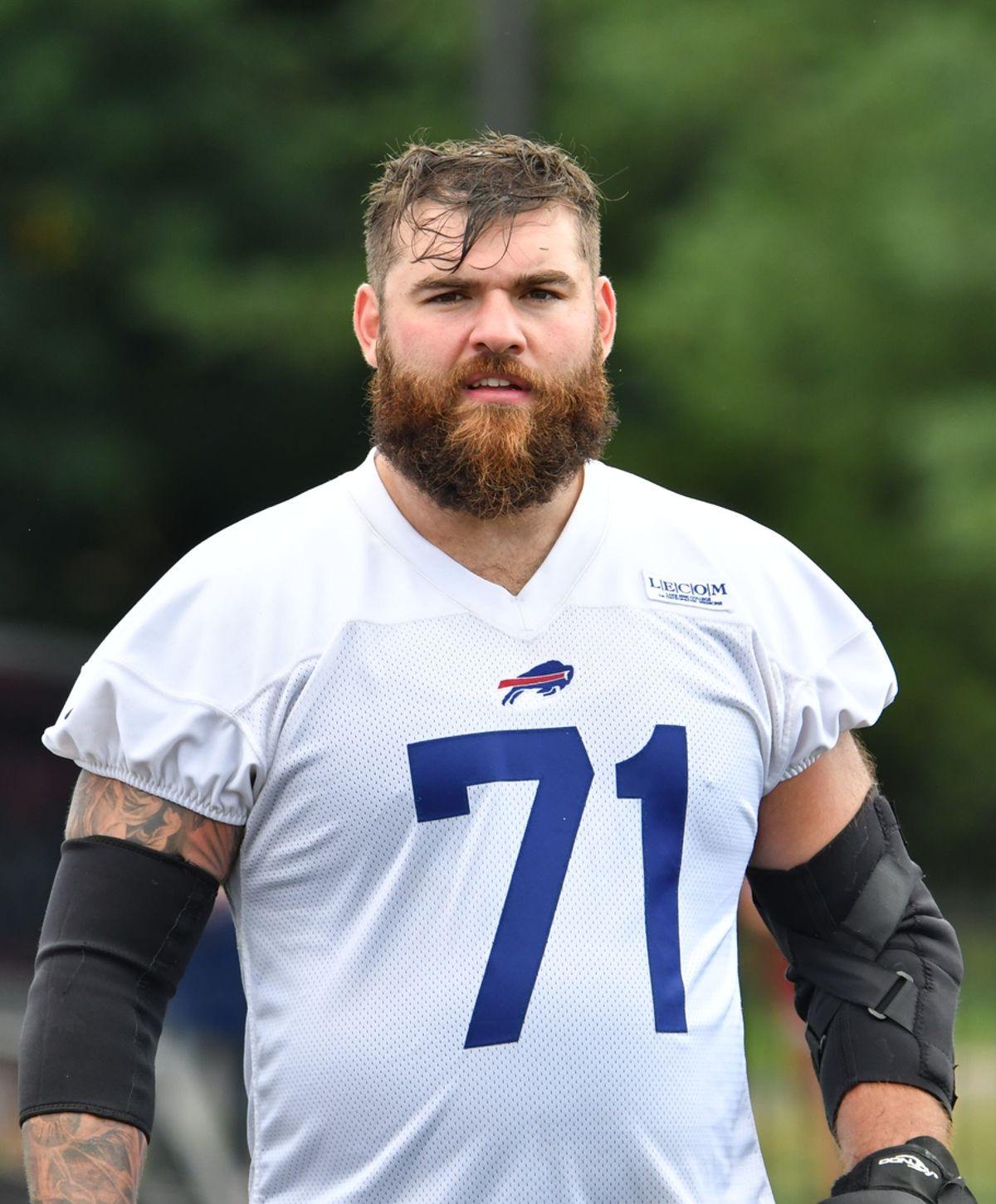 Jul 25, 2022; Pittsford, NY, USA; Buffalo Bills offensive lineman Ryan Bates (71) on the field during training camp at St. John Fisher University. Mandatory Credit: Mark Konezny-Imagn Images