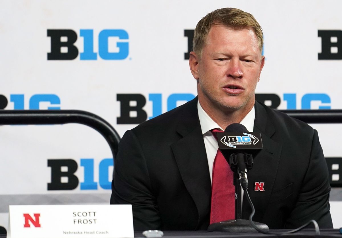 Jul 26, 2022; Indianapolis, IN, USA;  Nebraska Cornhuskers head coach Scott Frost talks to the media during Big 10 football media days at Lucas Oil Stadium. Mandatory Credit: Robert Goddin-USA TODAY Sports
