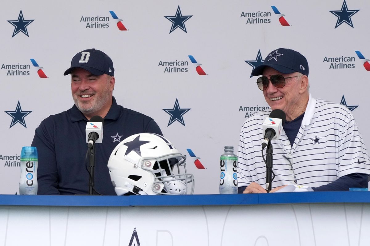 Dallas Cowboys coach Mike McCarthy (left) and owner Jerry Jones at training camp press conference at the River Ridge Fields.  Mandatory Credit: Kirby Lee-Imagn Images