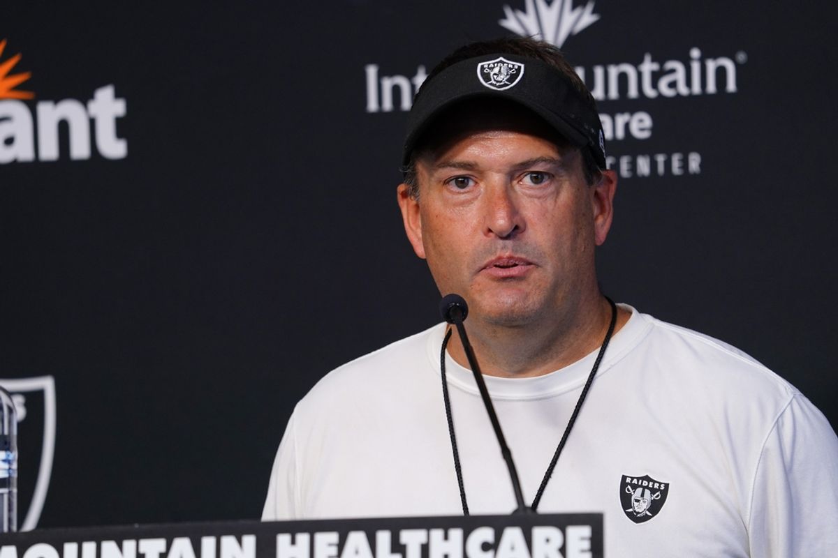 Jul 27, 2022; Las Vegas, Nevada, US; Las Vegas Raiders special teams coordinator Tom McMahon answers questions to the media during training camp at Intermountain Healthcare Performance Center. Mandatory Credit: Lucas Peltier-Imagn Images