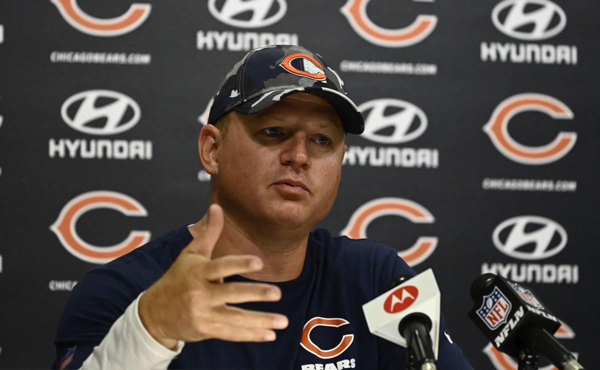 Jul 28, 2022; Lake Forest, IL, USA;  Chicago Bears offensive coordinator Luke Getsy talks with the media during training camp at PNC Center at Halas Hall. Mandatory Credit: Matt Marton-Imagn Images