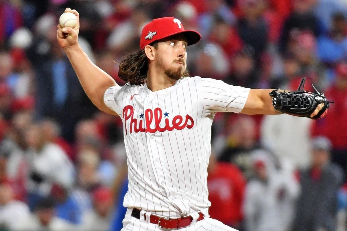 Oct 23, 2023; Philadelphia, Pennsylvania, USA; Philadelphia Phillies starting pitcher Michael Lorenzen (22) pitches during the fifth inning against the Arizona Diamondbacks in game six of the NLCS for the 2023 MLB playoffs at Citizens Bank Park.