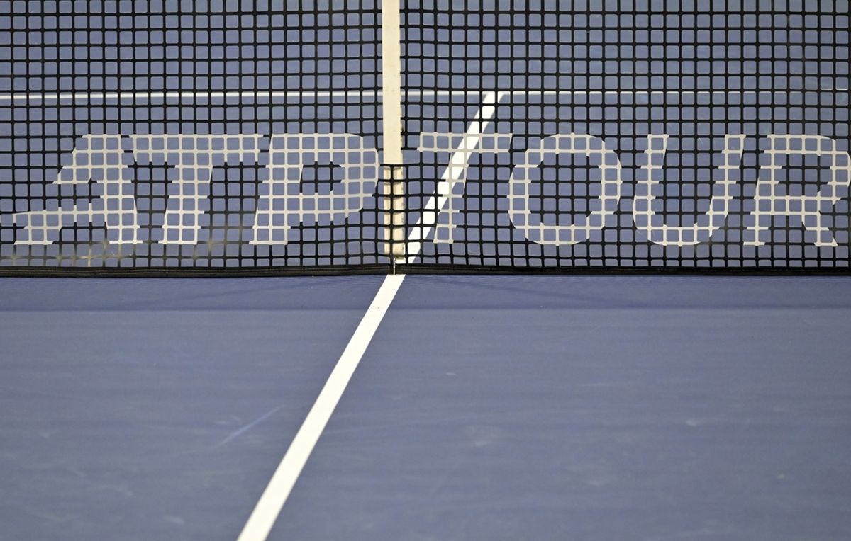 Aug 9, 2022; Montreal, QC, Canada; General view of the net and ATP Tour logo in first round play in the National Bank Open at IGA Stadium. Mandatory Credit: Eric Bolte-Imagn Images
