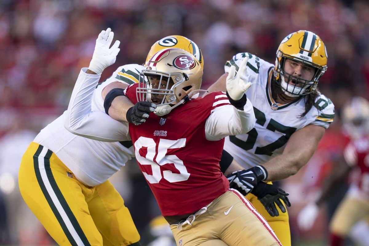 August 12, 2022; Santa Clara, California, USA; San Francisco 49ers defensive end Drake Jackson (95) rushes against the Green Bay Packers during the second quarter at Levi's Stadium. Mandatory Credit: Kyle Terada-Imagn Images