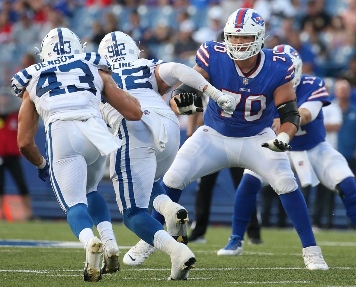 Buffalo tackle Alec Anderson (70) looks to pick up a block at the line during the Bills  27-24 win over Indianapolis in their preseason game Saturday, Aug. 13, 2022 at Highmark Stadium in Orchard Park.

Sd 081322 Bills 81 Spts