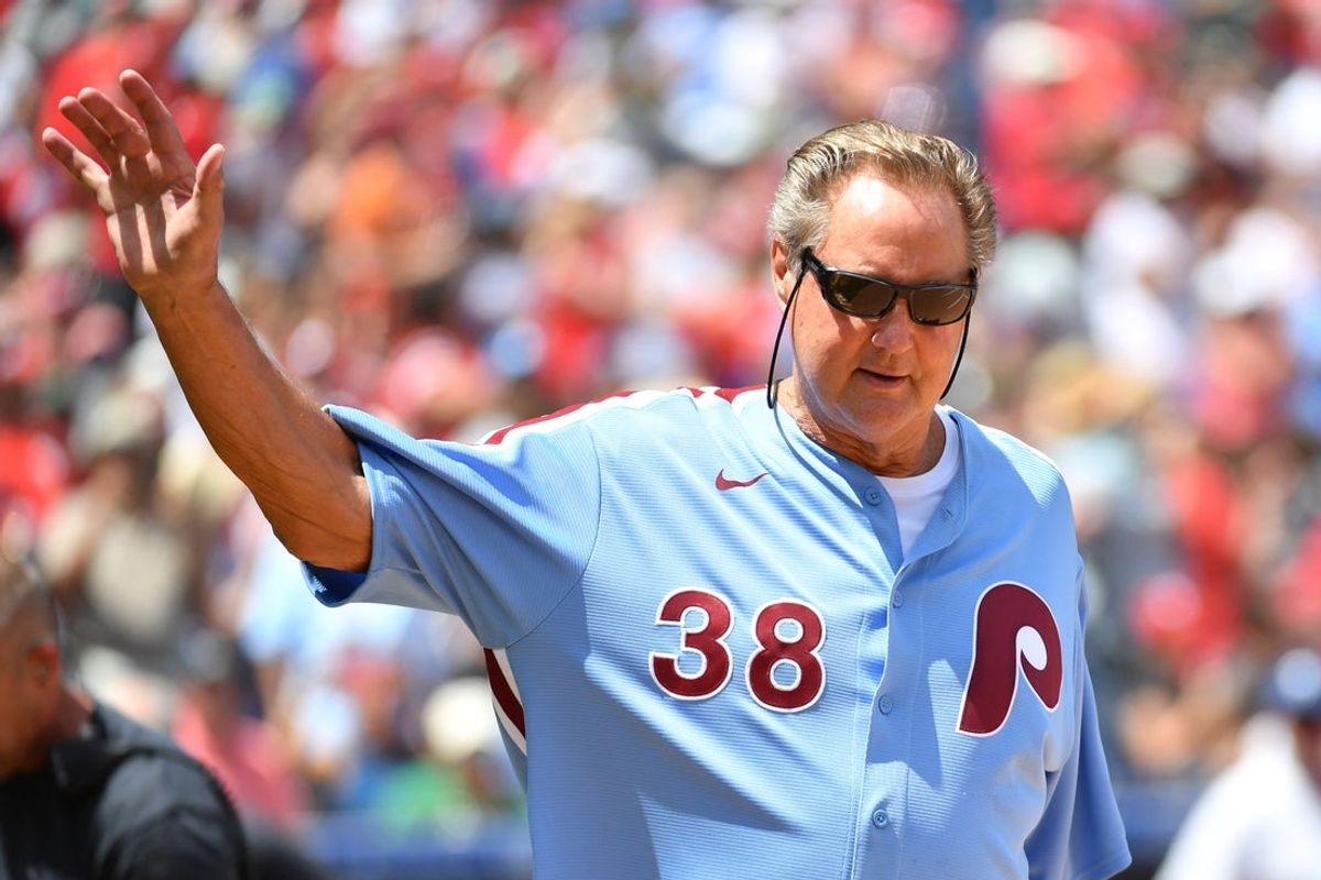 Aug 7, 2022; Philadelphia, Pennsylvania, USA; Former Philadelphia Phillies pitcher Larry Christenson acknowledges the crowd during Alumni Day ceremony before game against the Washington Nationals at Citizens Bank Park. Mandatory Credit: Eric Hartline-Imagn Images