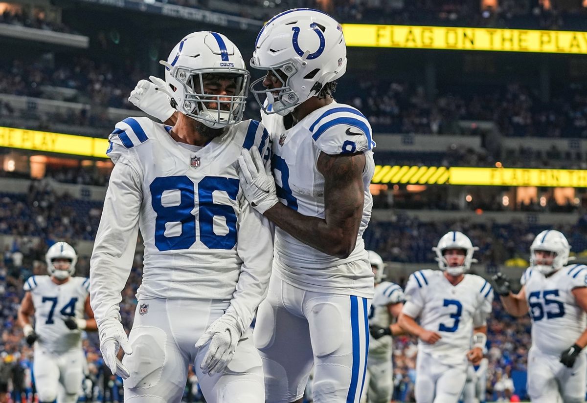 Aug 20, 2022; Indianapolis, Indiana, USA;   Indianapolis Colts wide receiver Samson Nacua (86) celebrates a touchdown against the Detroit Lions with Indianapolis Colts wide receiver D.J. Montgomery (8) on Saturday, August 20, 2022 at Lucas Oil Stadium in Indianapolis.  Mandatory Credit: Grace Hollars-USA TODAY Sports