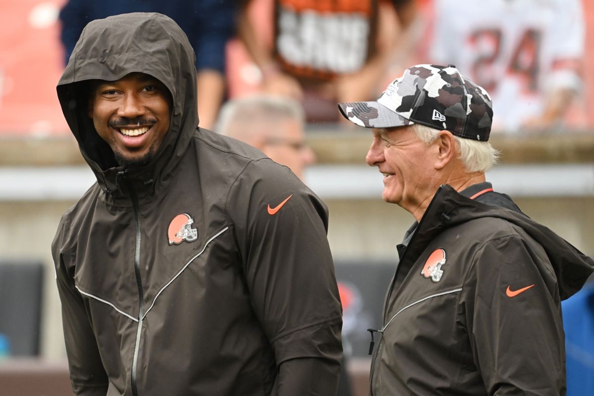 Aug 21, 2022; Cleveland, Ohio, USA; Cleveland Browns defensive end Myles Garrett, left, talks with managing and principal partner Jimmy Haslam before the game between the Cleveland Browns and the Philadelphia Eagles at FirstEnergy Stadium. Mandatory Credit: Ken Blaze-Imagn Images