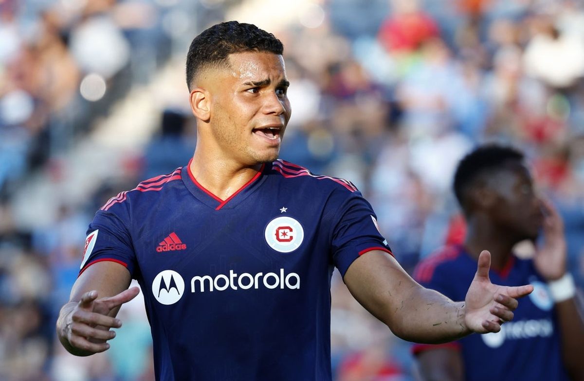 Aug 21, 2022; Chicago, Illinois, USA; Chicago Fire defender Miguel Navarro (6) reacts during the second half against New York City at Bridgeview Stadium. Mandatory Credit: Mike Dinovo-Imagn Images