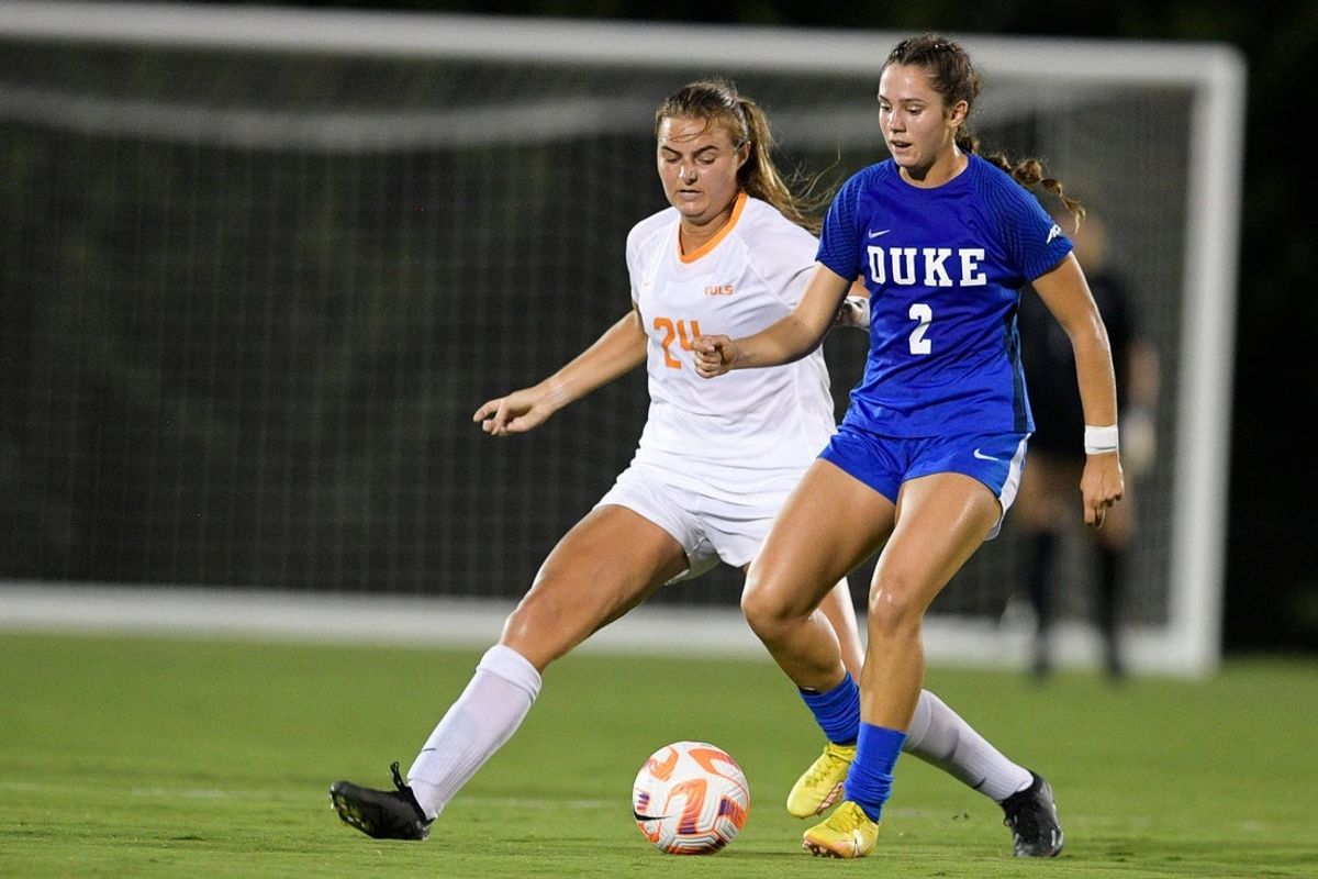 Tennessee defender/midfielder Lawson Renie (24) defends against Duke forward Kat Rader (2) during a game between Duke and Tennessee at Regal Soccer Stadium in Knoxville, Tenn. on Thursday, Aug. 25, 2022.

Kns Vol Soccer Duke