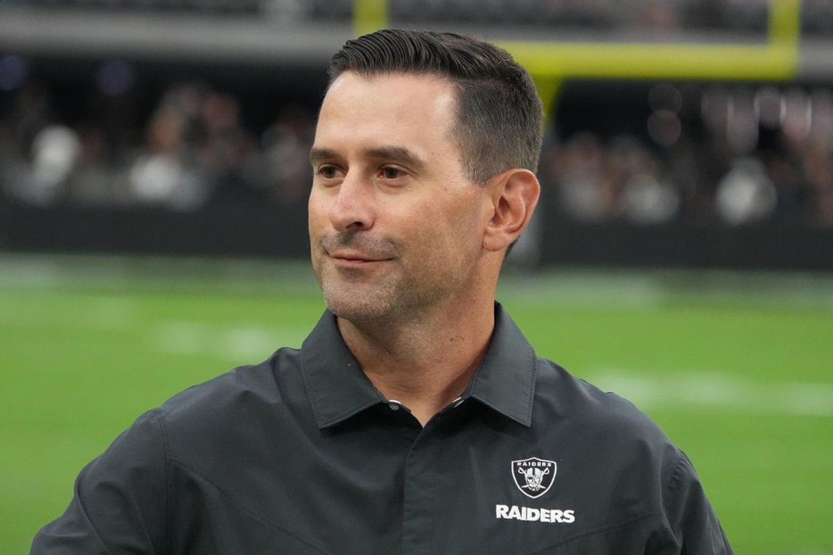 Aug 26, 2022; Paradise, Nevada, USA; Las Vegas Raiders general manager Dave Ziegler reacts during the game against the New England Patriots at Allegiant Stadium. Mandatory Credit: Kirby Lee-Imagn Images