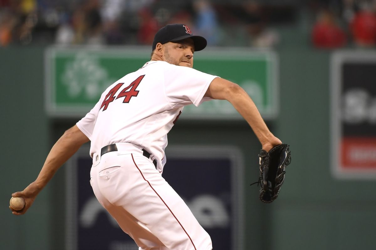 Sep 1, 2022; Boston, Massachusetts, USA;  Boston Red Sox starting pitcher Rich Hill (44) pitches during the first inning against the Texas Rangers at Fenway Park. Mandatory Credit: Bob DeChiara-USA TODAY Sports
