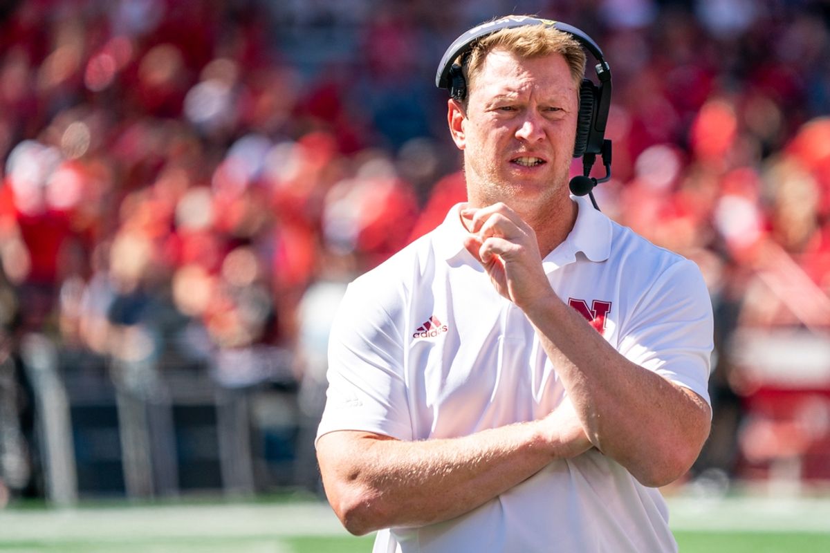 Sep 3, 2022; Lincoln, Nebraska, USA; Nebraska Cornhuskers head coach Scott Frost looks on during a timeout in the second quarter against the North Dakota Fighting Hawks at Memorial Stadium. Mandatory Credit: Dylan Widger-Imagn Images