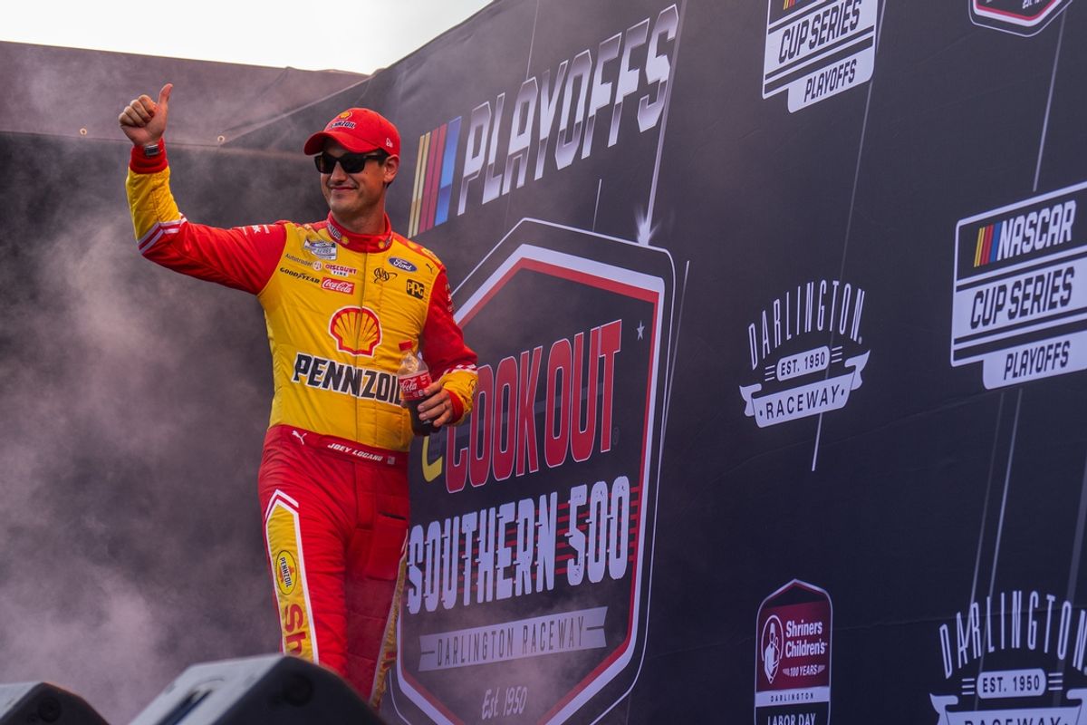 Sep 4, 2022; Darlington, South Carolina, USA; Pole winner Joey Logano, driver of the (22) Shell-Pennzoil Ford, is introduced prior to the COOK OUT Southern 500 at Darlington Raceway. Mandatory Credit: David Yeazell-Imagn Images