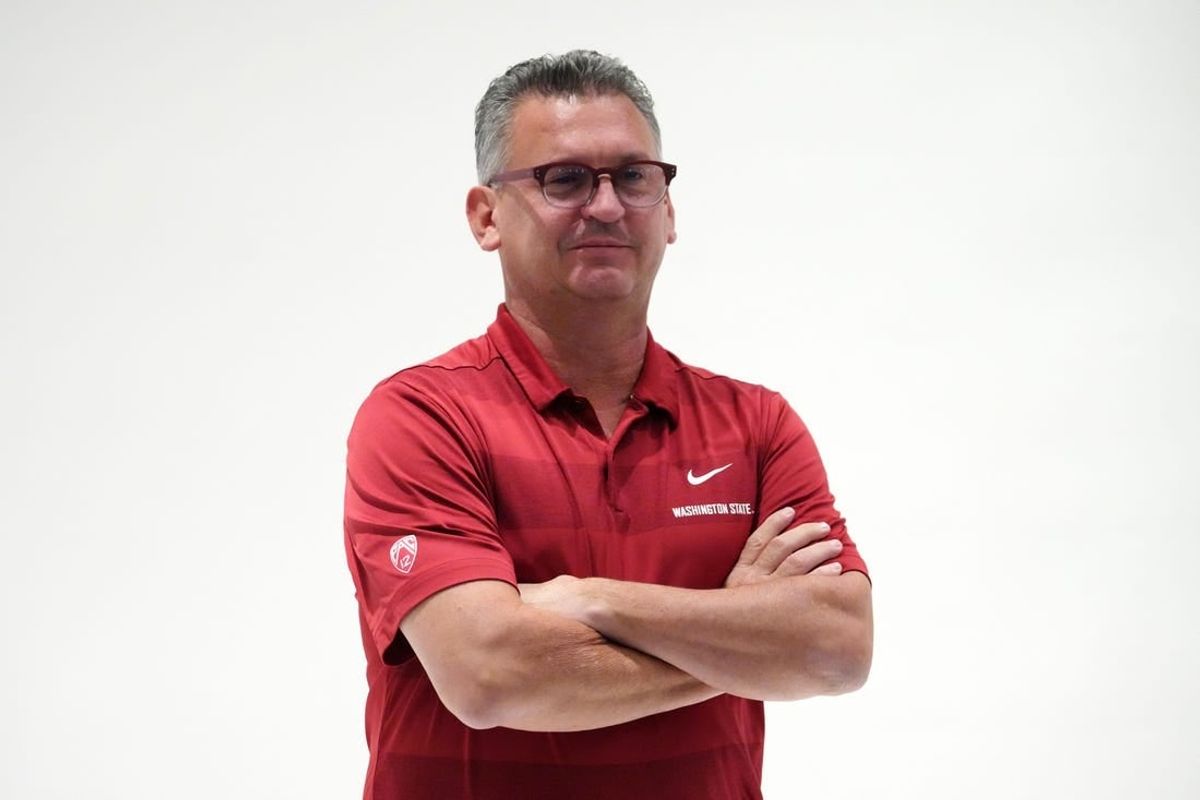 Oct 11, 2023; Las Vegas, NV, USA; Washington State Cougars coach Kyle Smith poses during Pac-12 Media Day at Park MGM Las Vegas Conference Center.