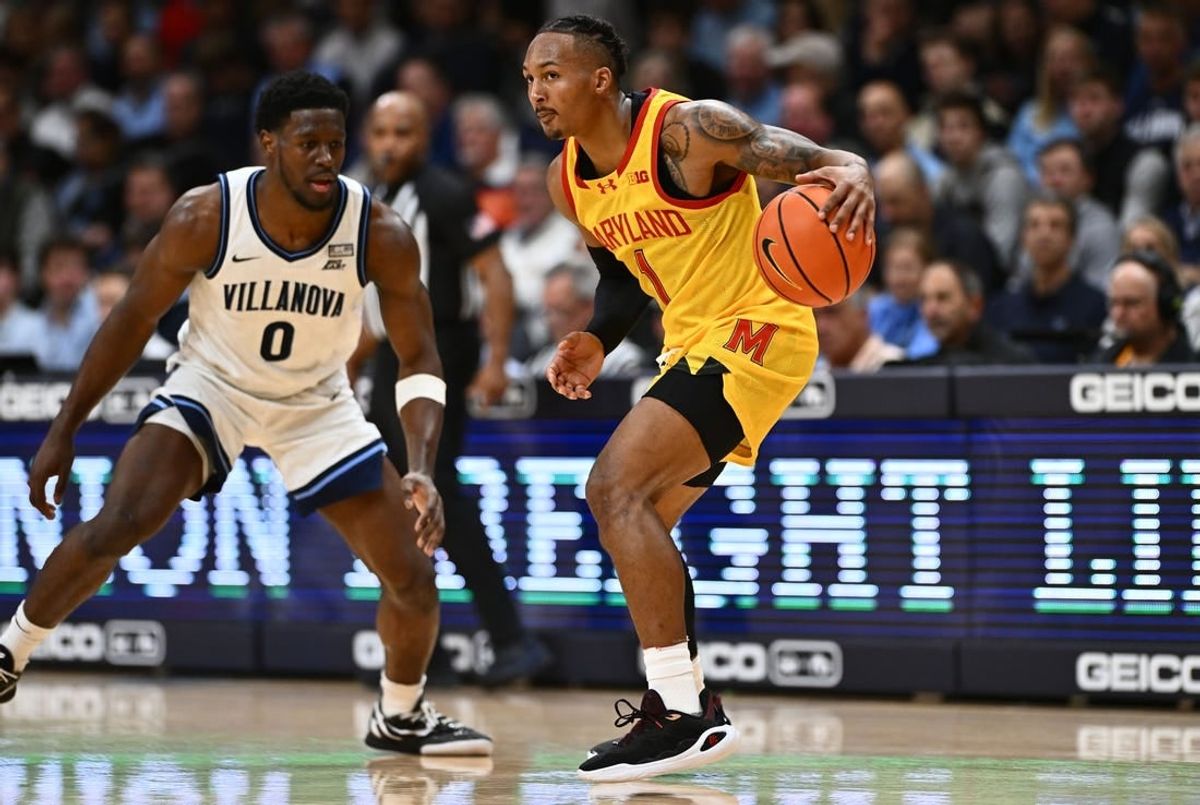 Nov 17, 2023; Villanova, Pennsylvania, USA; Maryland Terrapins guard Jahmir Young (1) controls the ball against Villanova Wildcats guard TJ Bamba (0) in the first half at William B. Finneran Pavilion.