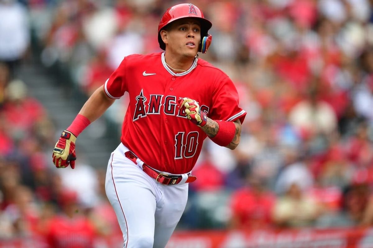 May 28, 2023; Anaheim, California, USA; Los Angeles Angels third baseman Gio Urshela (10) runs after hitting a triple against the Miami Marlins during the second inning at Angel Stadium.