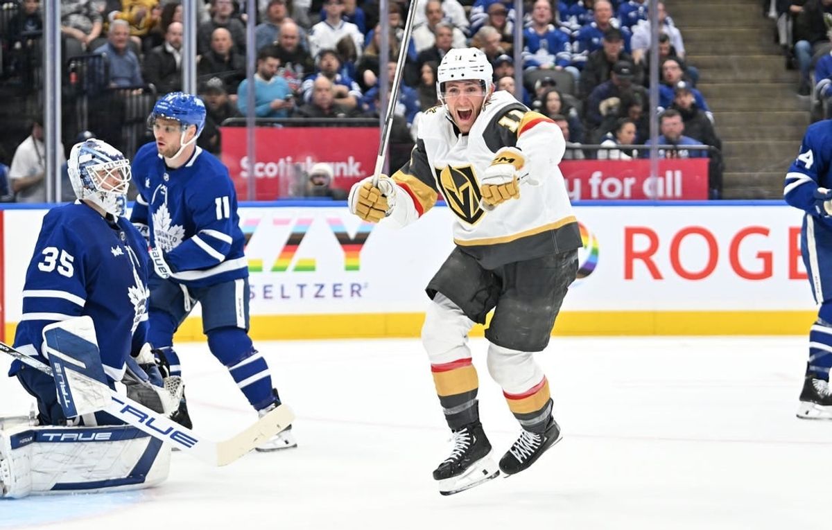 Feb 27, 2024; Toronto, Ontario, CAN;  Vegas Golden Knights forward Mason Morelli (11) celebrates after scoring a goal past Toronto Maple Leafs goalie Ilya Samsonov (35) in the second period at Scotiabank Arena.