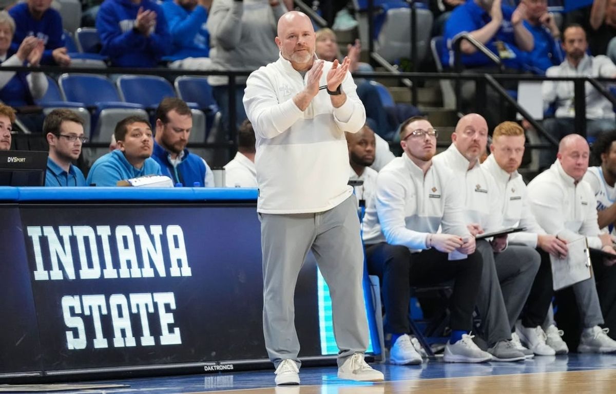 Indiana State Sycamores head coach Josh Schertz watches the game from the sidelines Wednesday, March 20, 2024, during the first round of the NIT at the Hulman Center in Terre Haute. The Indiana State Sycamores defeated the Southern Methodist Mustangs, 101-92.