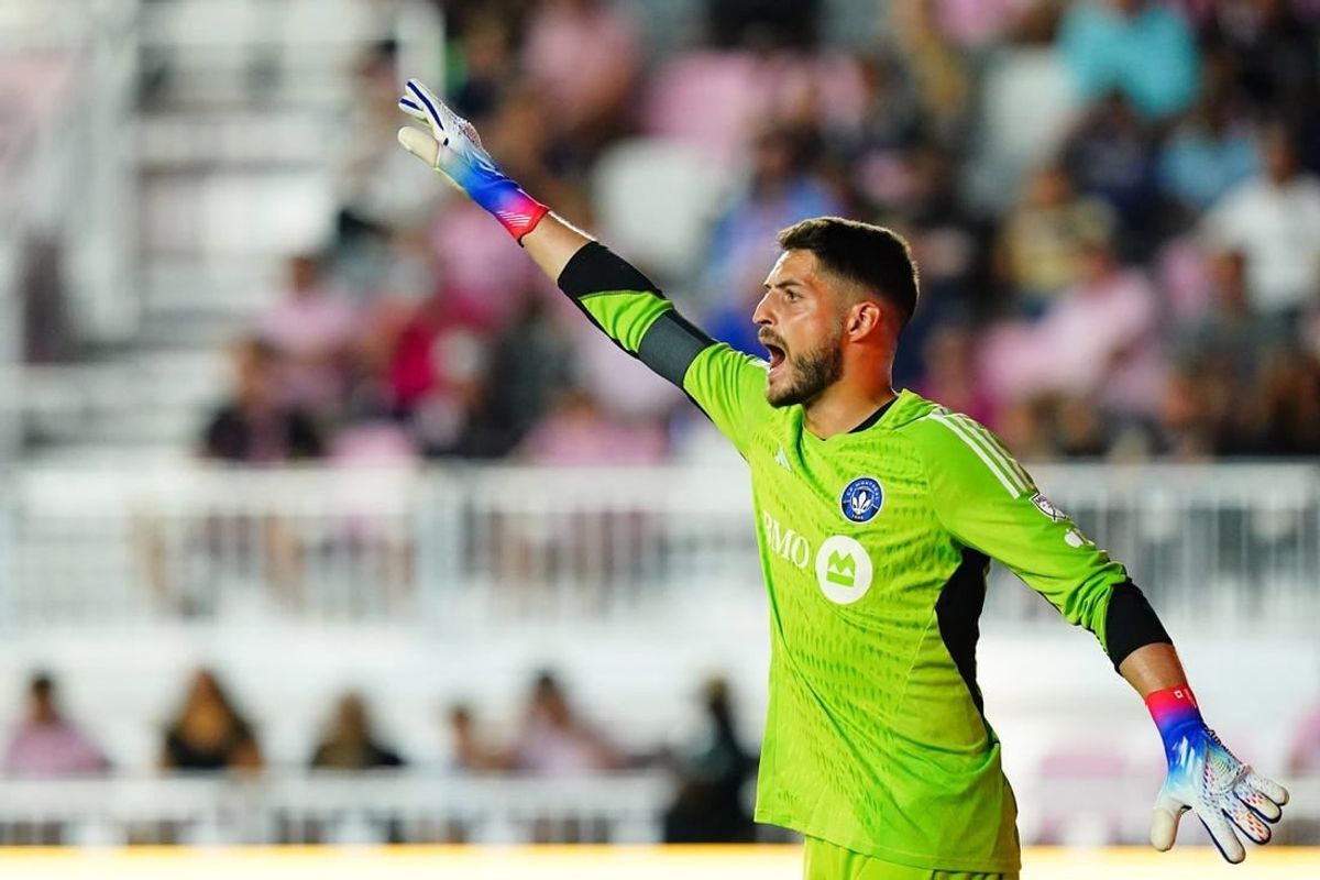 Feb 25, 2023; Fort Lauderdale, Florida, USA; CF Montreal goalkeeper James Pantemis (41) calls out to his team against Inter Miami CF during the first half at DRV PNK Stadium.
