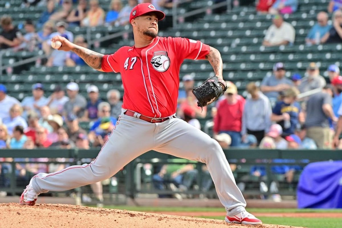 Feb 27, 2024; Mesa, Arizona, USA;  Cincinnati Reds starting pitcher Frankie Montas (47) throws in the first inning against the Cincinnati Reds during a spring training game at Sloan Park.