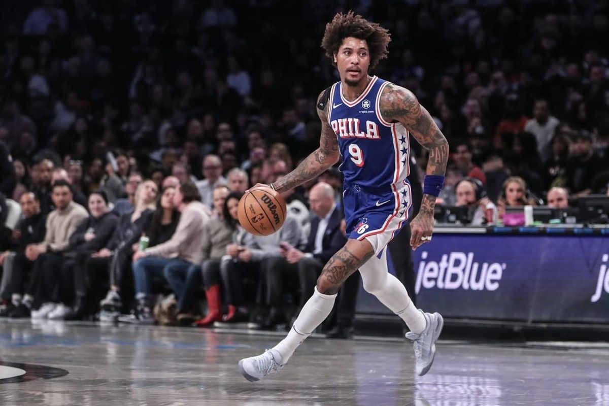 Mar 5, 2024; Brooklyn, New York, USA;  Philadelphia 76ers guard Kelly Oubre Jr. (9) brings the ball up court in the second quarter against the Brooklyn Nets at Barclays Center.