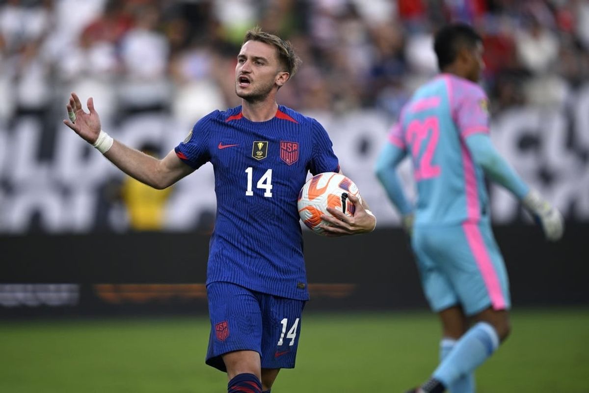 Jul 12, 2023; San Diego, CA, USA; United States midfielder Djordje Mihailovic (14) reacts after scoring during the penalty kick shootout against Panama at Snapdragon Stadium.