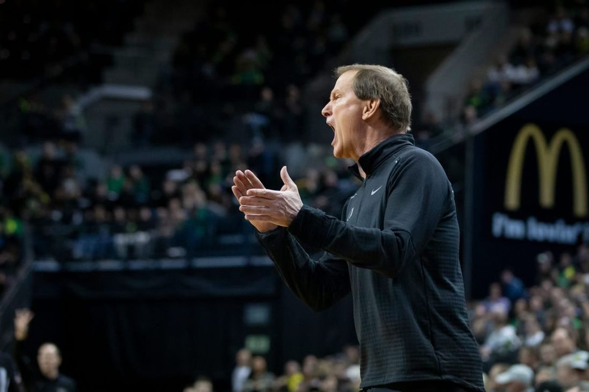 Oregon head coach Dana Altman yells to his team as the Oregon Ducks host the Washington Huskies Thursday, Feb. 8, 2024, at Matthew Knight Arena in Eugene, Ore.