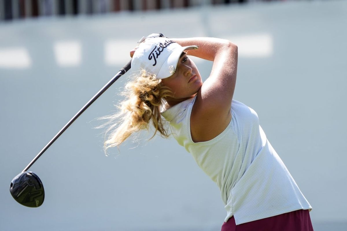 Gianna Clemente tees off on hole No. 1 at the 2022 Kroger Queen City Championship golf tournament on Friday September 9, 2022 at the Kenwood Country Club in Madeira, Ohio.