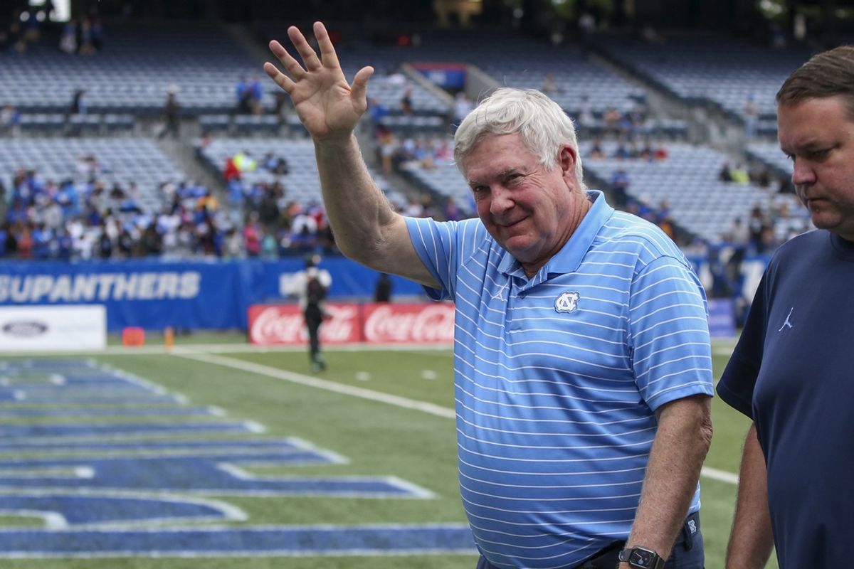 Sep 10, 2022; Atlanta, Georgia, USA; North Carolina Tar Heels head coach Mack Brown waves to fans after a victory against the Georgia State Panthers at Center Parc Stadium. Mandatory Credit: Brett Davis-Imagn Images