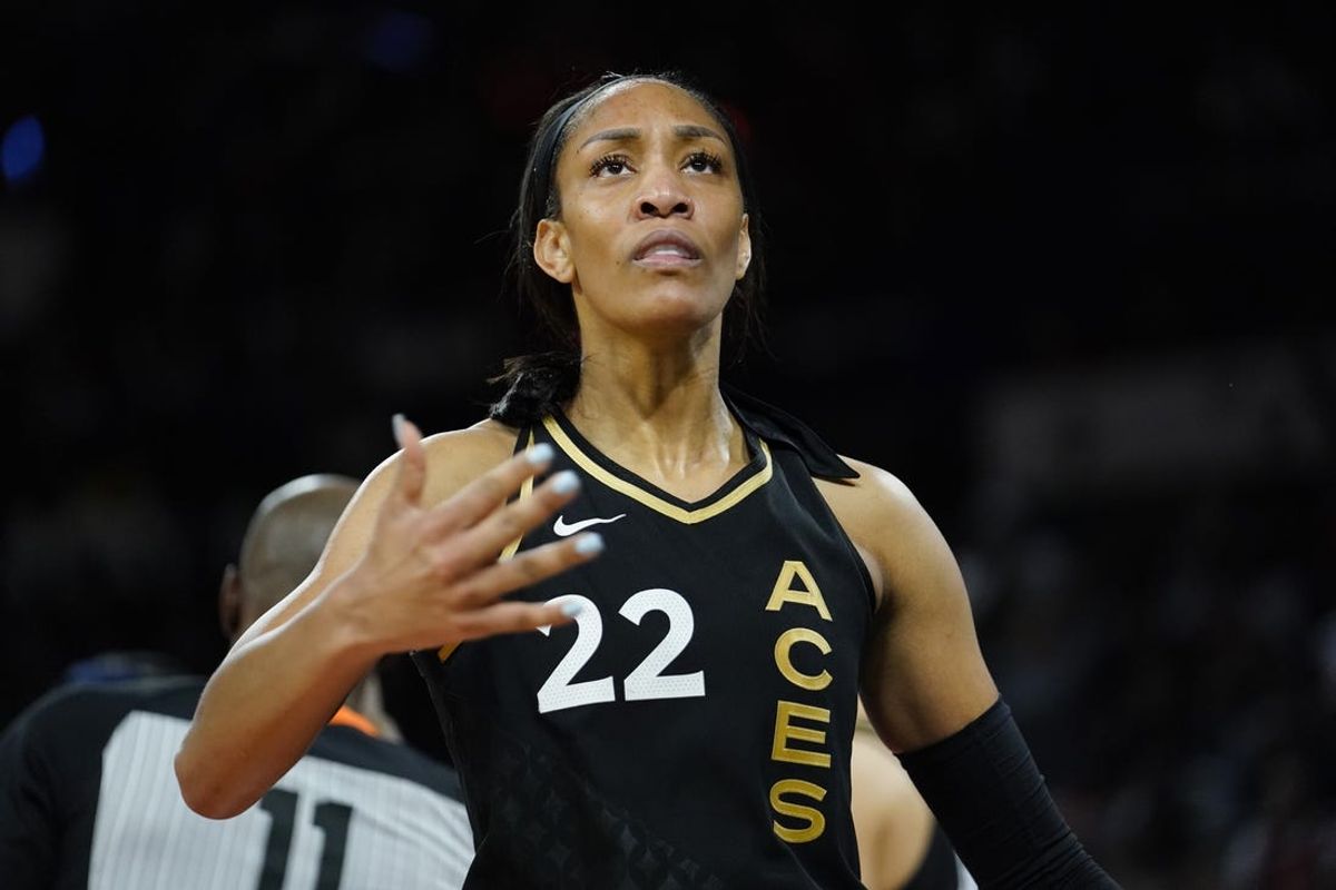 Sep 11, 2022; Las Vegas, Nevada, USA; Las Vegas Aces forward Aja Wilson (22) reacts during the fourth quarter against the Connecticut Sun 67-64 in game one of the 2022 WNBA Finals at Michelob Ultra Arena. Mandatory Credit: Lucas Peltier-USA TODAY Sports