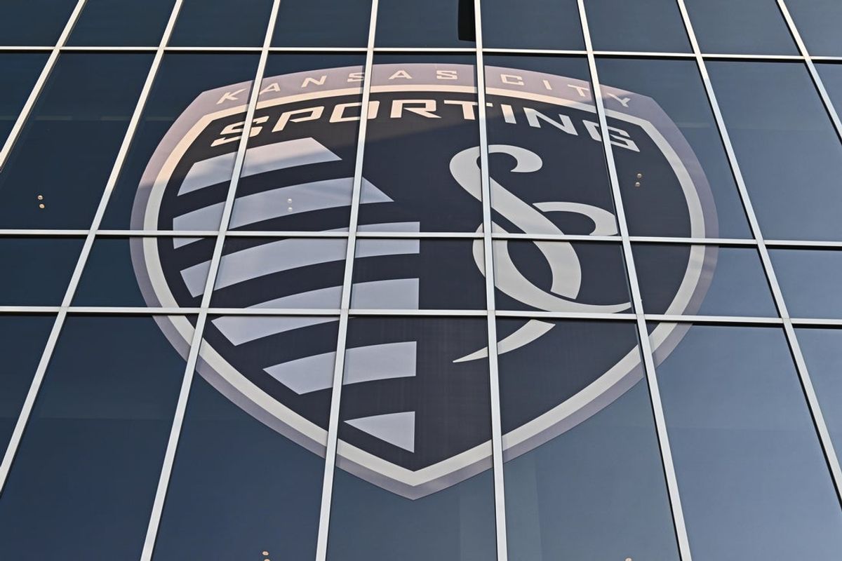 Sep 13, 2022; Kansas City, Kansas, USA; A general view of the Sporting Kansas City logo on the stadium windows at Children's Mercy Park before a game between Sporting Kansas City and D.C. United. Mandatory Credit: Peter Aiken-Imagn Images