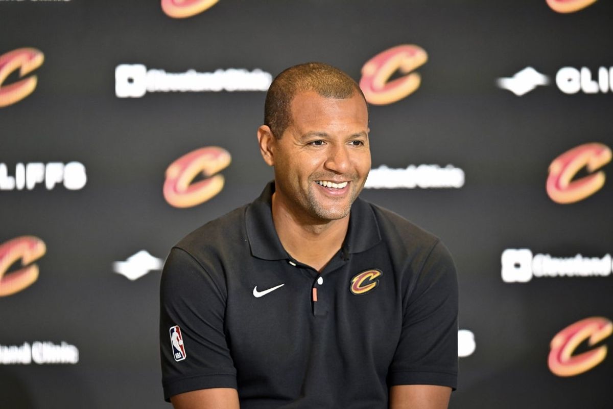 Sep 14, 2022; Cleveland, OH, USA; Cleveland Cavaliers president of basketball operations Koby Altman speaks to the media during an introductory press conference at Rocket Mortgage FieldHouse. Mandatory Credit: David Richard-Imagn Images